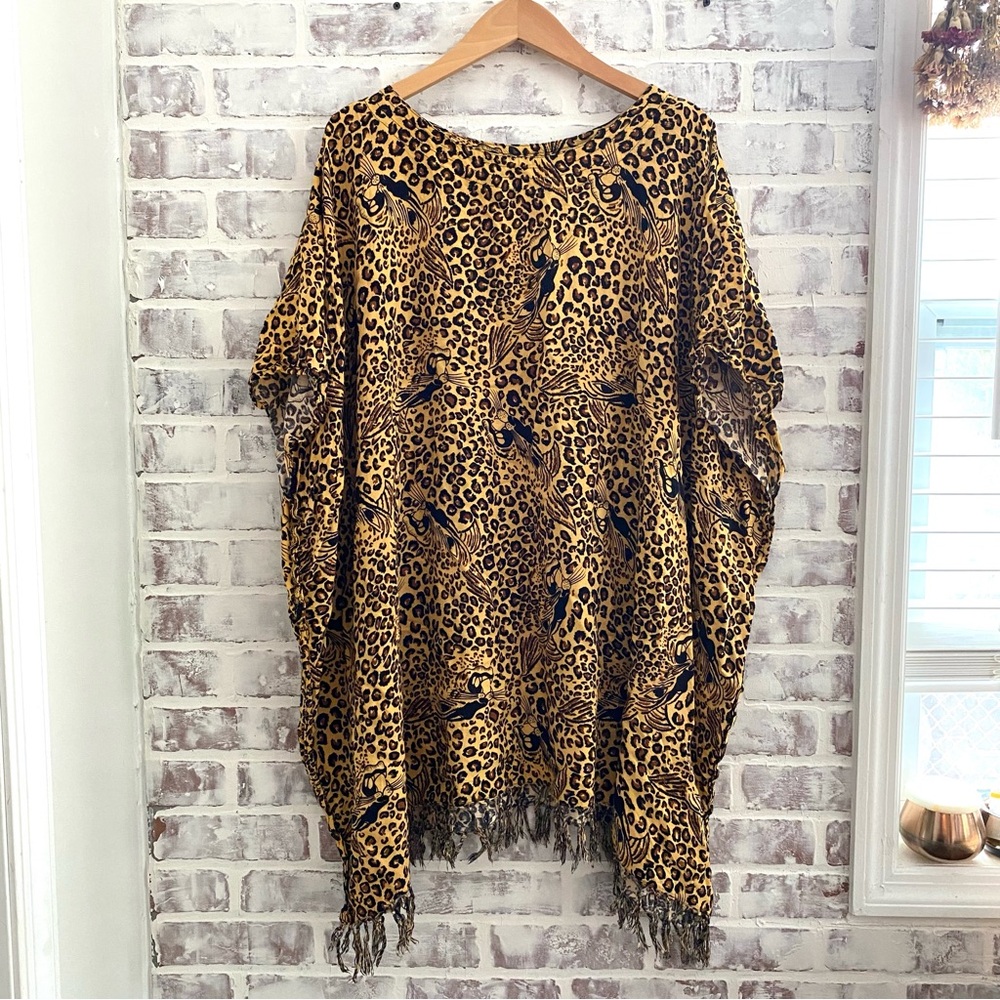 INGEAR • Leopard Print Fringe Kaftan • Cheetah Print Cover Up • OSFM
